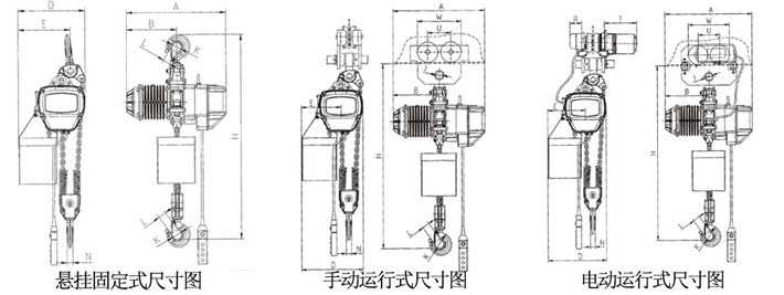 1噸雙鏈環(huán)鏈電動葫蘆結構尺寸圖片
